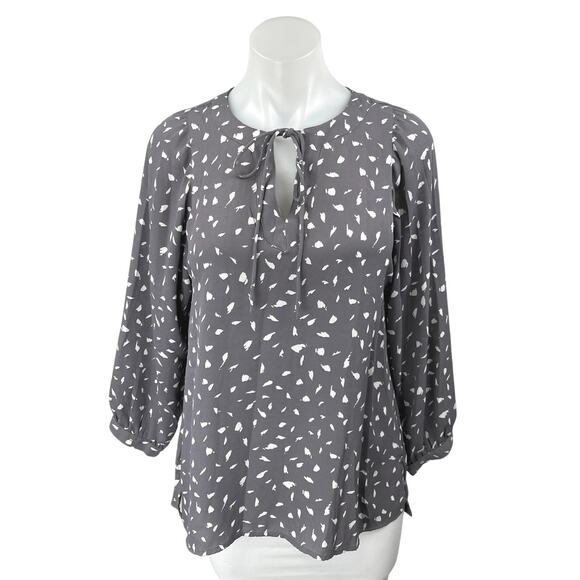 Ann Taylor Loft Gray Printed Long Sleeve Keyhole Tie Neck Blouse Top Size XS - Picture 1 of 4